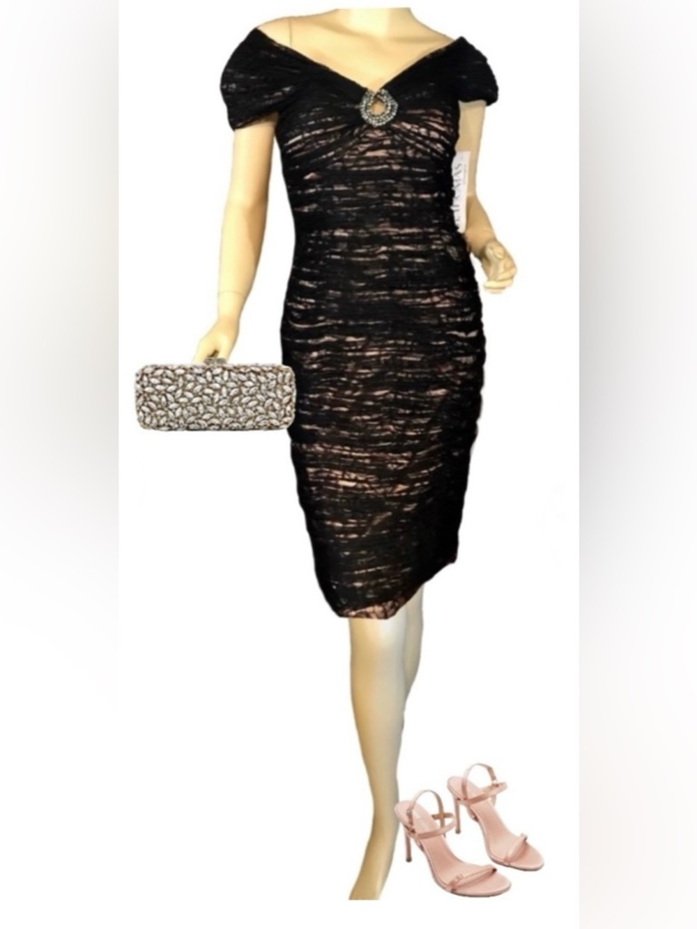 JOVANI BLACK LACE & BLUSH SATIN OFF-THE-SHOULDER COCKTAIL DRESS NWT (6)